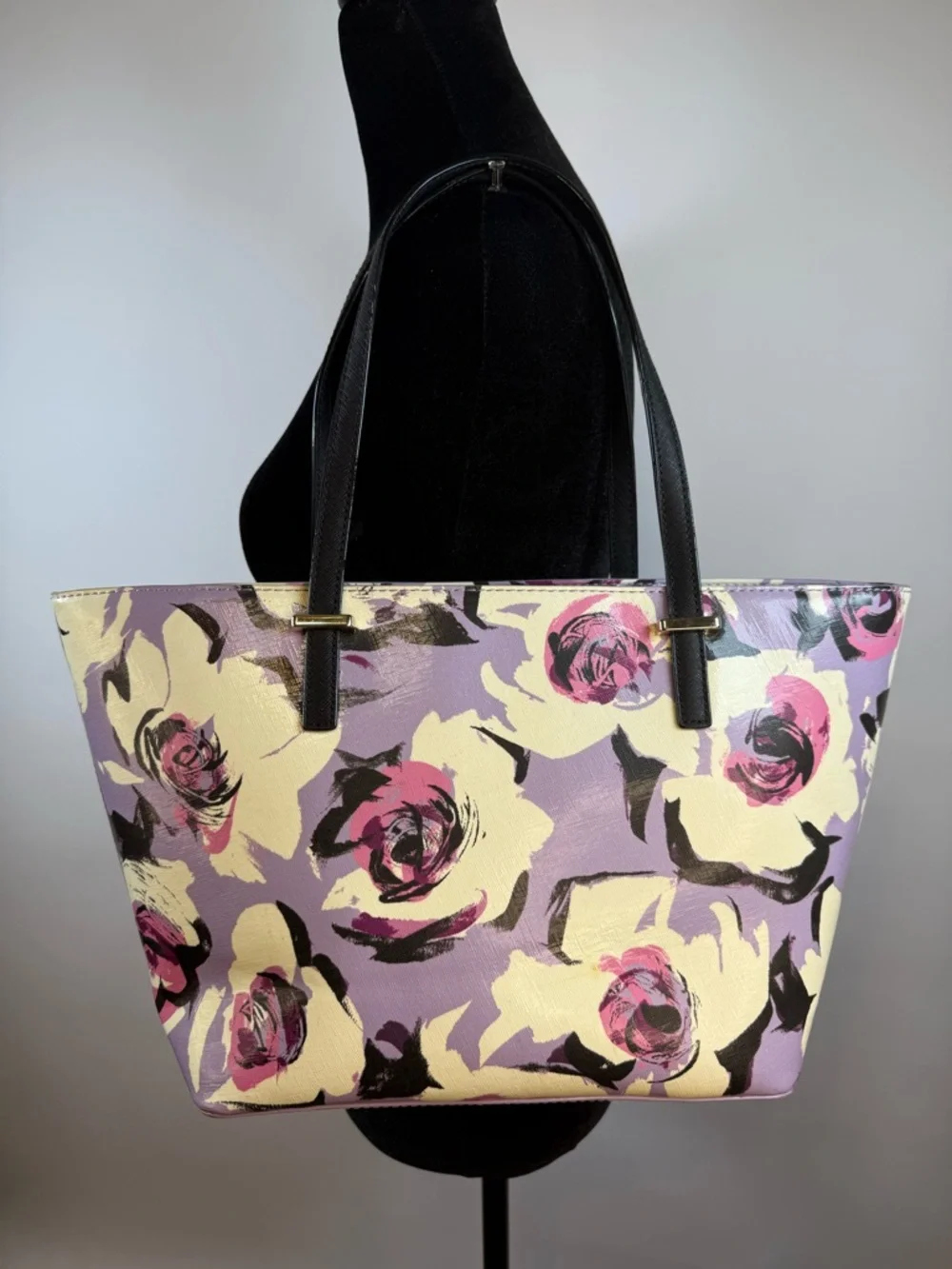 Kate Spade Floral Tote Cream Purple Leather Shoulder Bag Large Chic